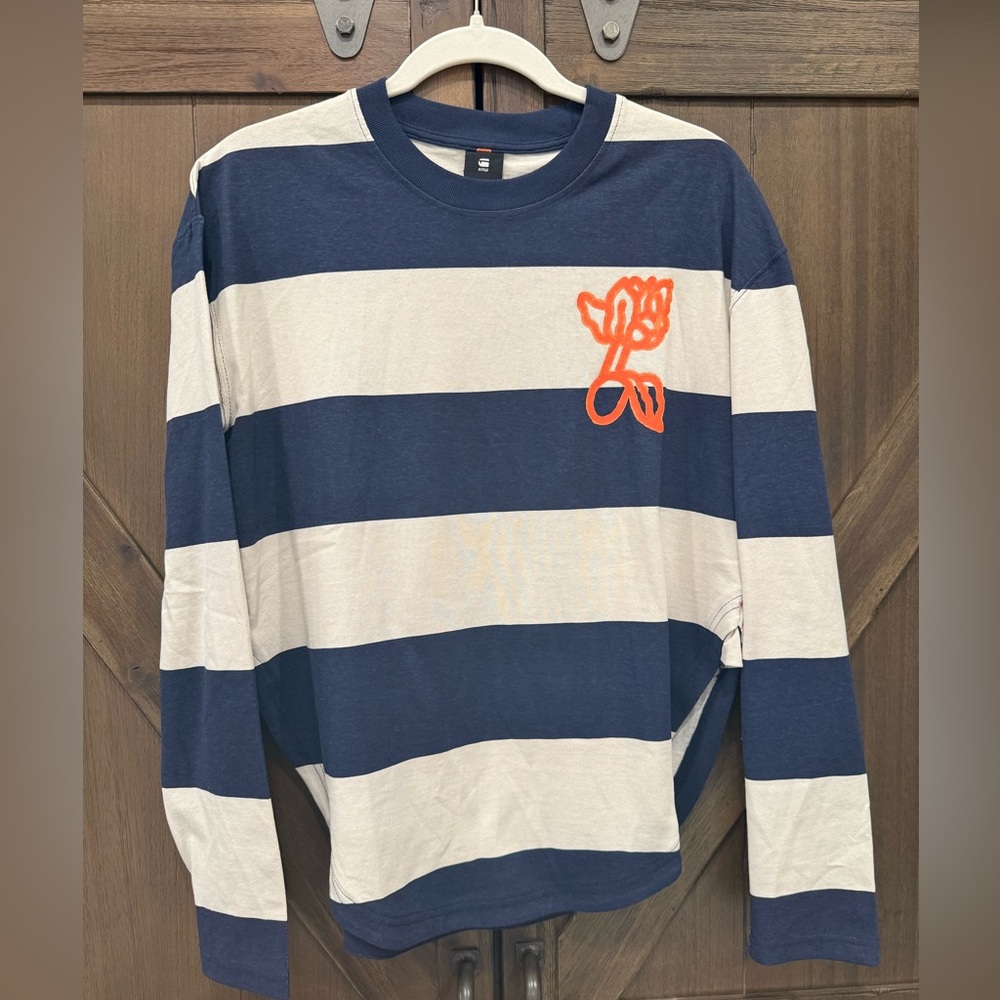 G-Star Blue and White‎ Striped Graphic Long Sleeve